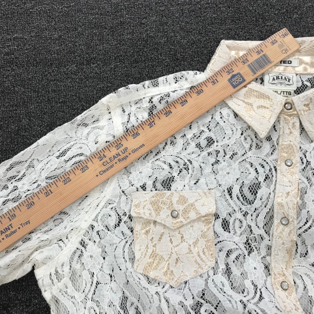 Ariat Womens XXL White Floral Lace Western Snap Shirt Fitted Tan Trim L/S - Picture 10 of 10